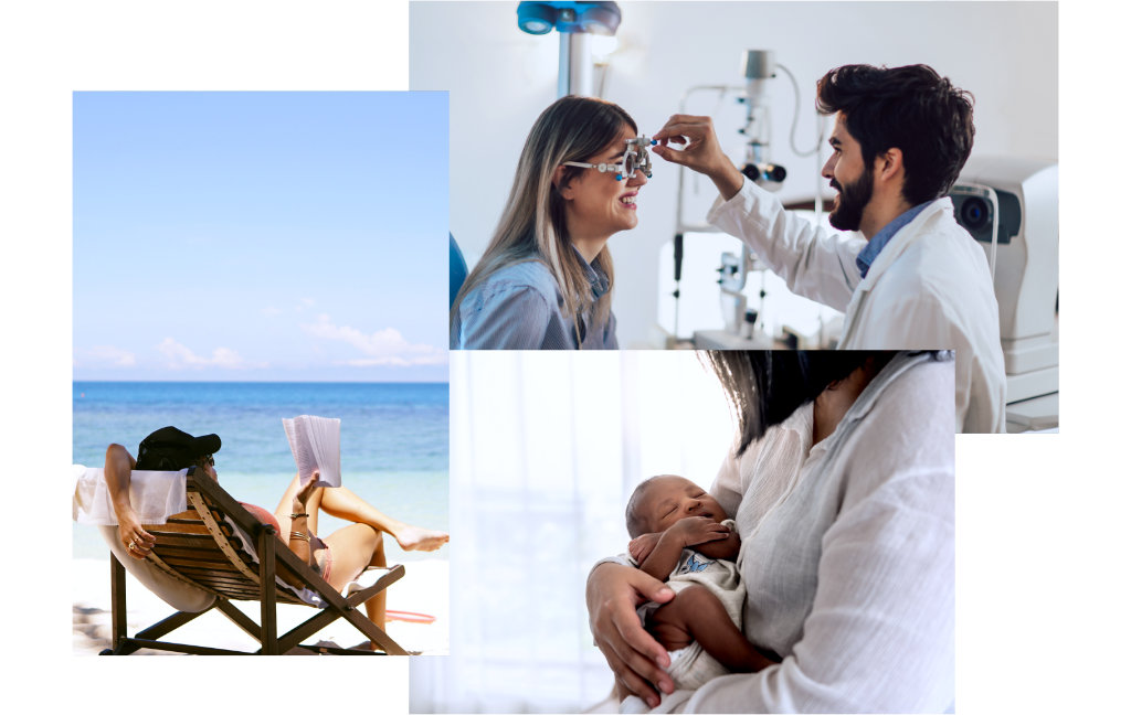 Vacation, eye doctor, and newborn baby with parent