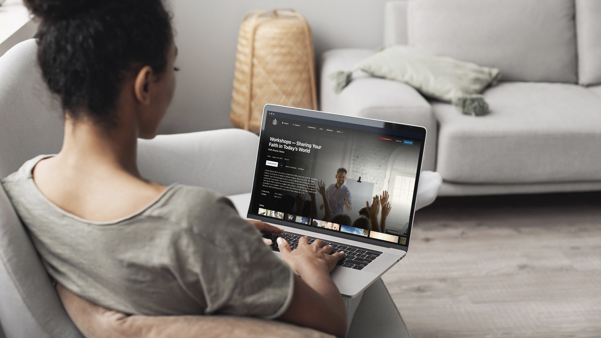 Woman watching church service on OTT App on laptop