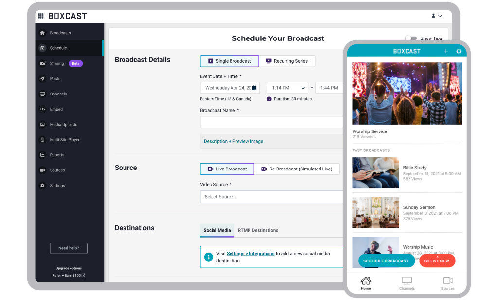 BoxCast dashboard and Broadcaster App