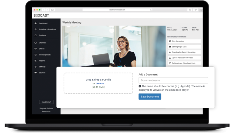 Laptop showing document display in the BoxCast dashboard