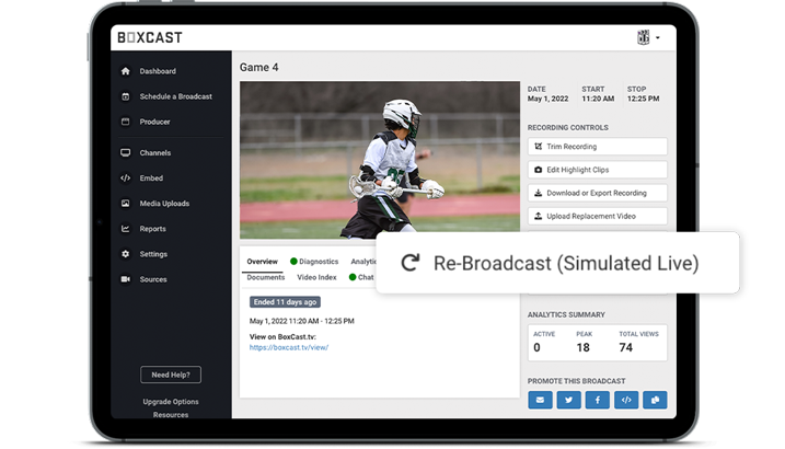 Tablet showing rebroadcasting in the BoxCast dashboard