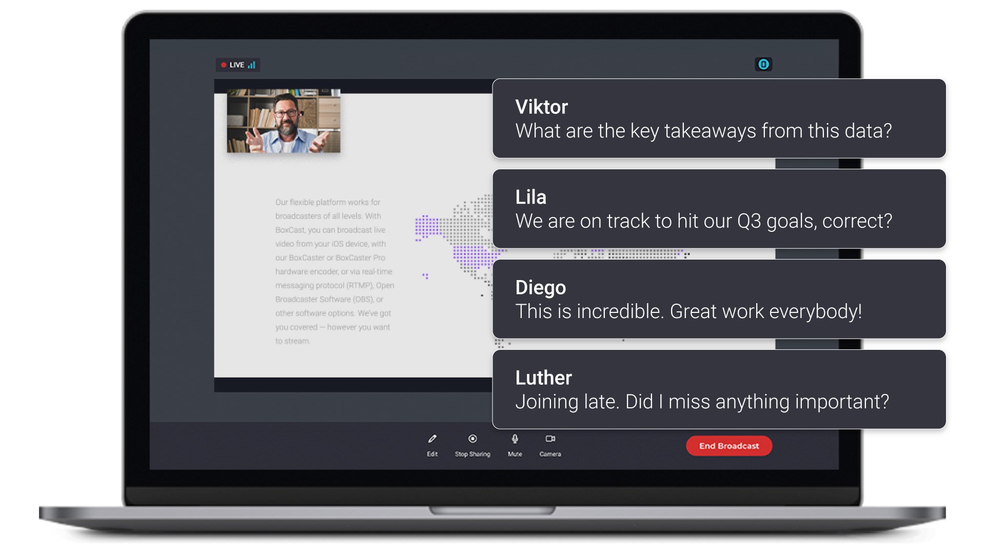 Laptop showing Producer stream and chat