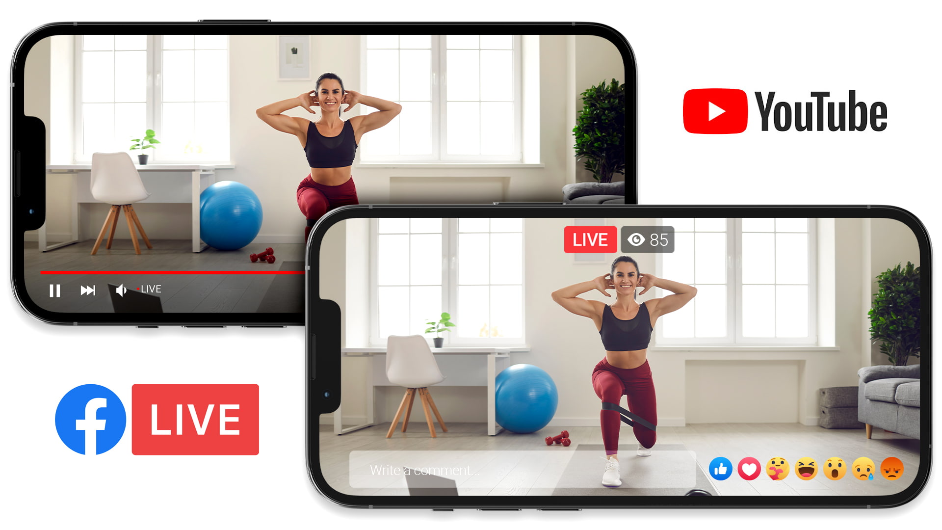 Mobile phones showing a stream to Facebook Live and YouTube