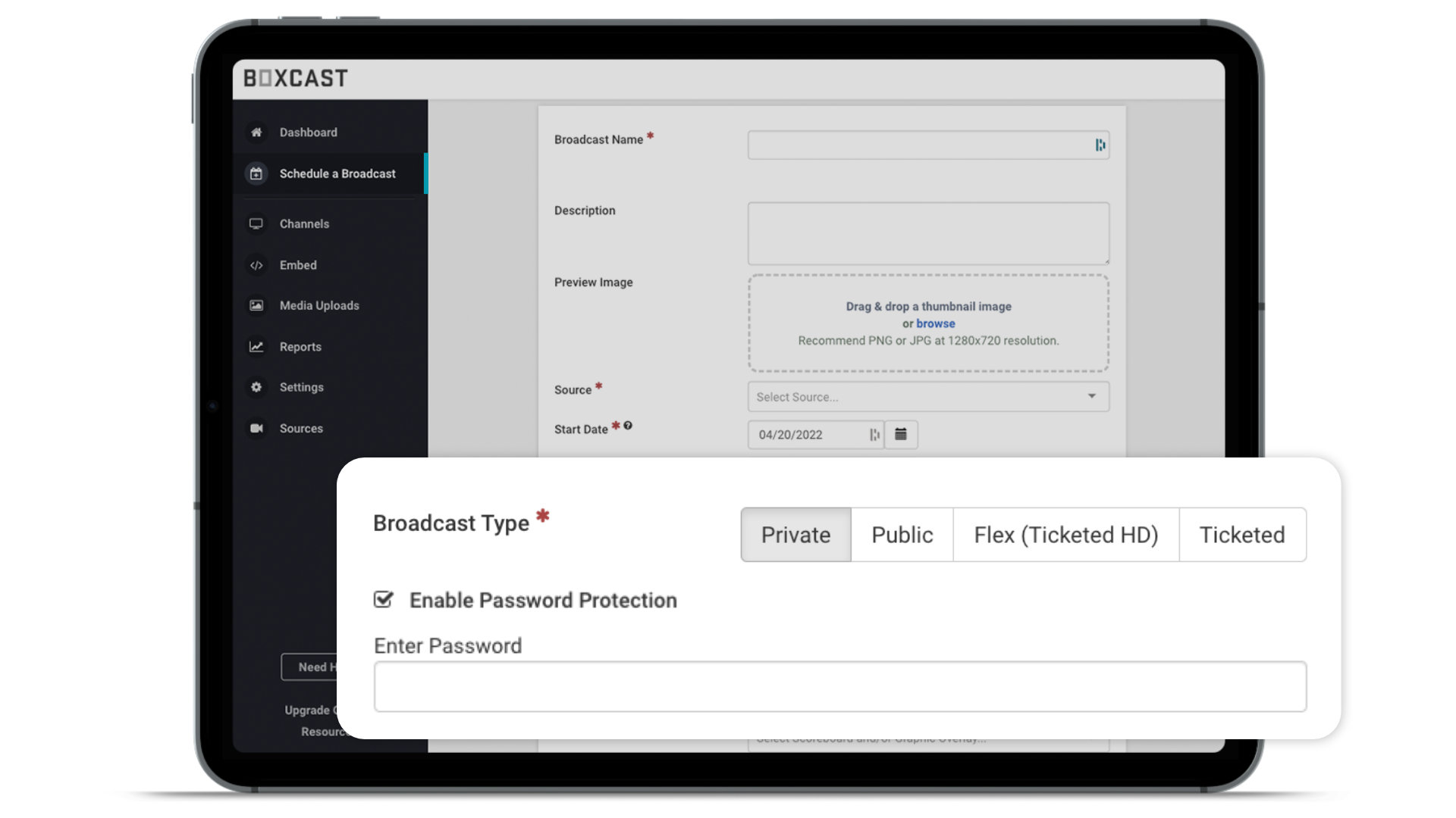 Tablet showing settings for a private broadcast