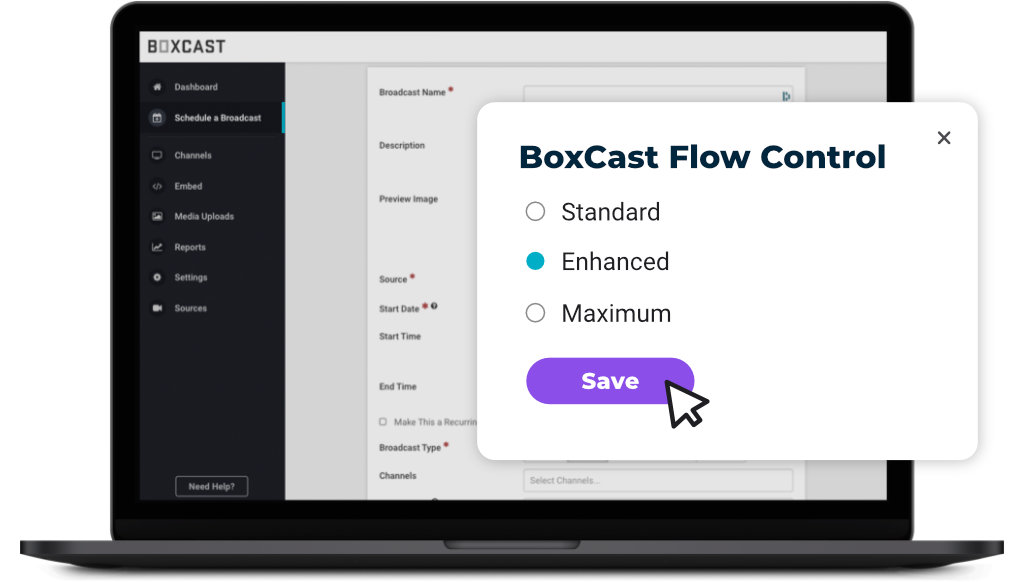 BoxCast Flow Control settings on a laptop