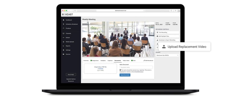 BoxCast Dashboard showing how to replace a broadcast