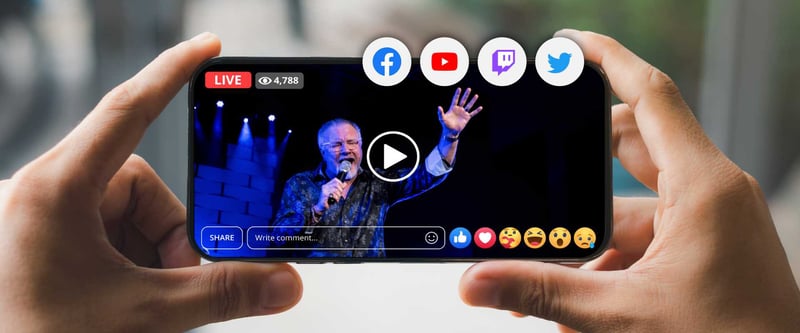 Person filming a singer and live streaming to Facebook, YouTube, Twitch, and Twitter simultaneously on an iPhone