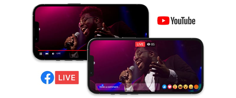 Phone with YouTube streaming a live video next to a phone streaming the same video on Facebook Live