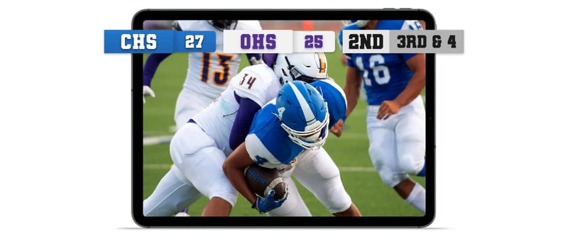 Tablet screen showing a football game with a live stream scoreboard overlay displayed