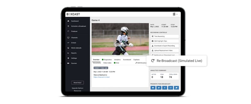 BoxCast Dashboard showing the Rebroadcast Simulated Live feature