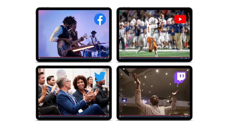 4 tablets showing multistreaming events to Facebook, YouTube, Twitter, and Twitch