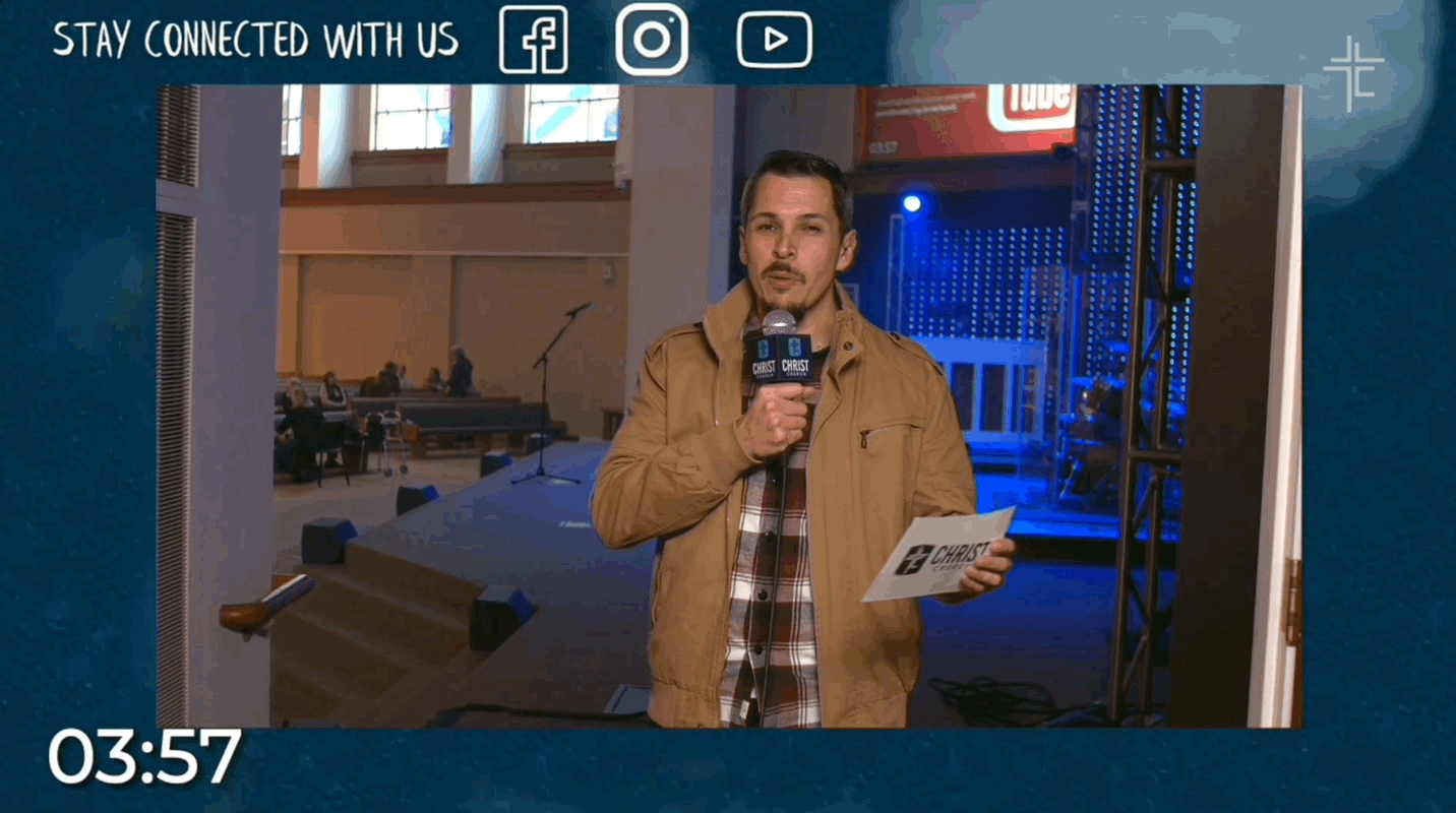 Pastor delivering church announcements on-screen with countdown timer