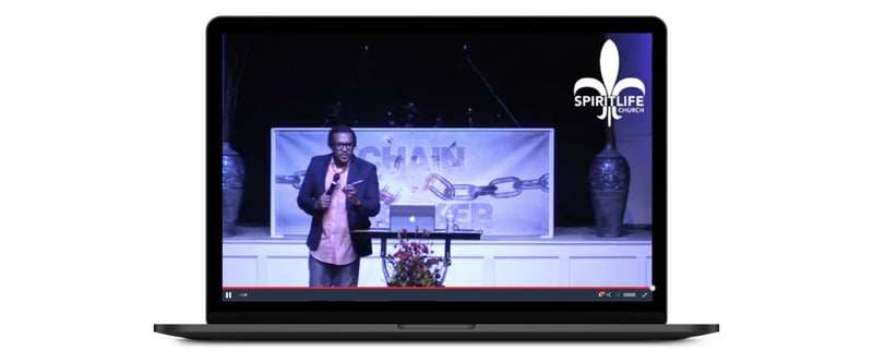 Watermark of organization's logo on top of live stream of a keynote speaker