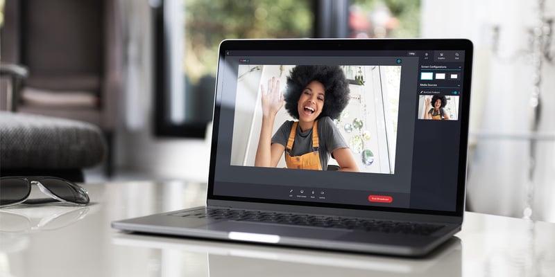 Producer by BoxCast UI with woman speaking into laptop webcam