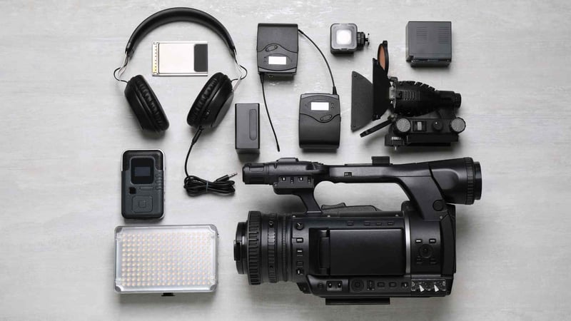 Organized video gear laid out on floor