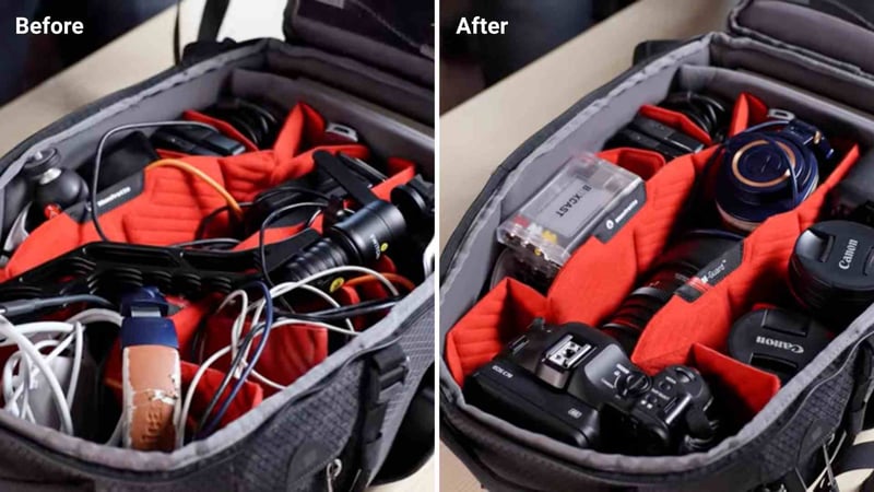 Video gear before and after organizing inside a bag