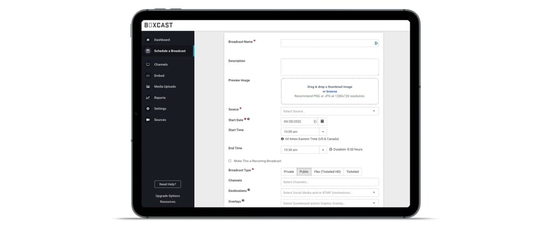 BoxCast Dashboard UI showing scheduling functionality