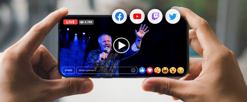Person watching church worship service live on social media on phone