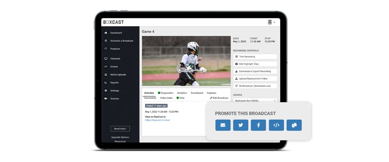BoxCast dashboard buttons to promote broadcast