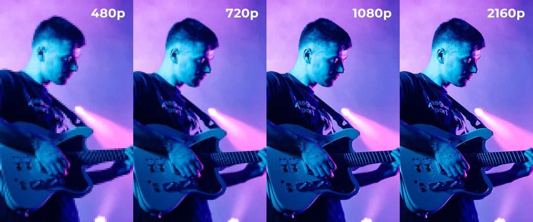 Comparison photo of a guitar player in 480p, 720, 1080p, and 2160p