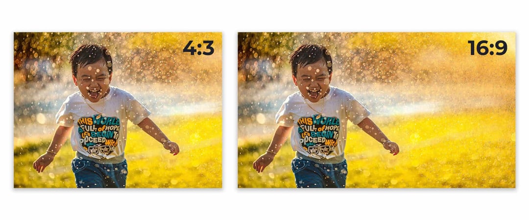 Comparison of a photo of a boy playing in a sprinkler in 4:3 and 16:9 aspect ratios