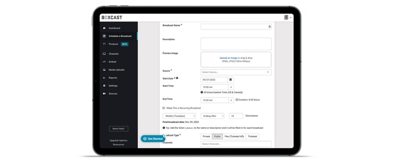 Tablet showing BoxCast Dashboard automated scheduling functionality