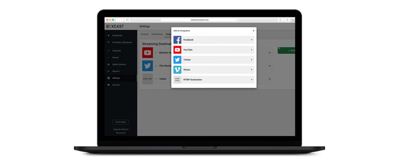 BoxCast dashboard adding social integrations