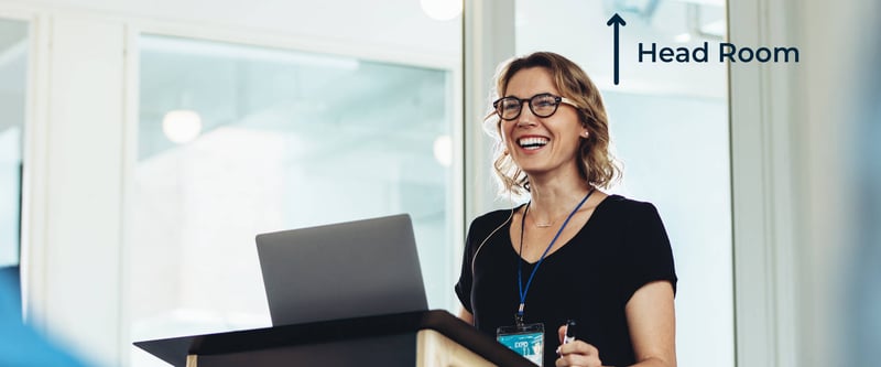 Image of a speaker at a lectern with several inches of space above her head and diagram showing head room