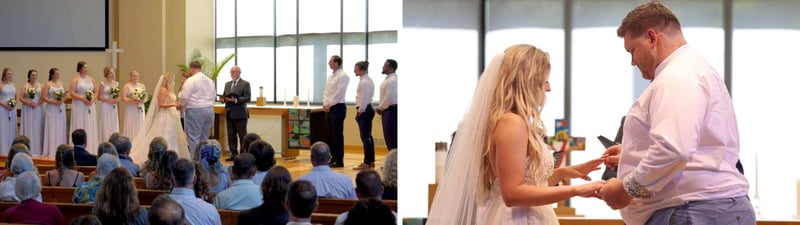 Comparison shot of a wedding ceremony from far away and close-up shot of bride and groom exchanging rings