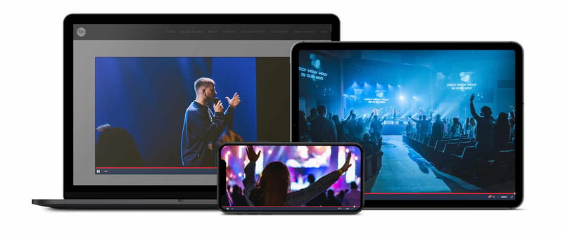 iPhone, MacBook, and iPad playing live streams on-screen