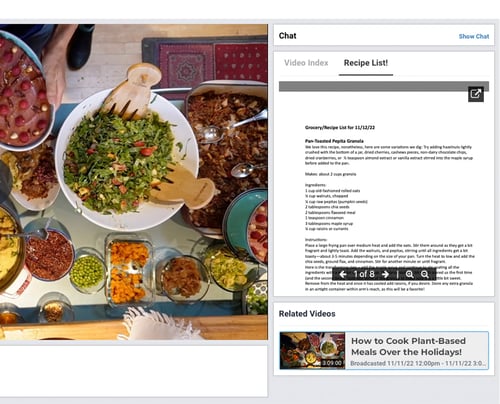 BoxCast Dashboard showing a recipe document displayed next to the live stream