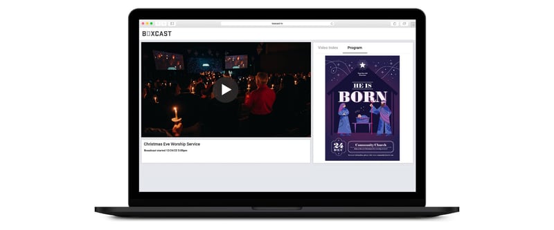 A church's Christmas live stream on a computer side-by-side with a document showing the service bulletin