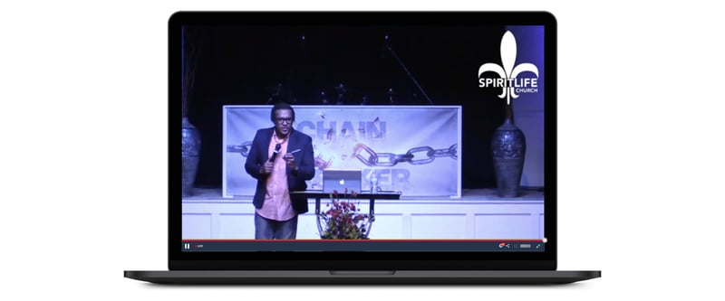 Church live stream with a pastor delivering message, the church's logo and name are overlayed on top