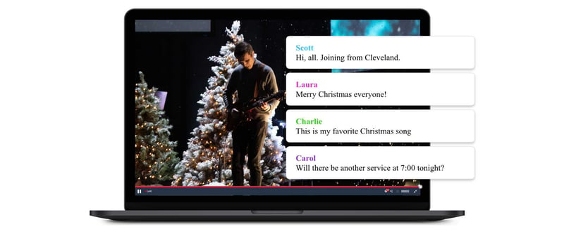 Christmas music service broadcasting live on a computer with viewers chatting and commenting next to the live stream