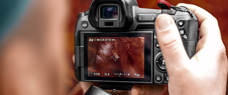 Hand holding a pro photography camera with a non-clean HDMI output and graphics and icons on the screen
