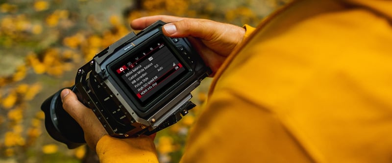 Photographer holding a DSLR camera with clean HDMI settings on the LCD screen