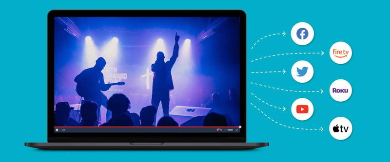 Worship service on laptop being live streaming to multiple social media platforms