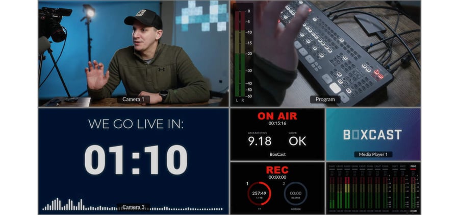 Atem Mini Extreme ISO customizable multi-view layout showing different camera angles, countdown timer, media player, slideshow, broadcast levels and on air signal