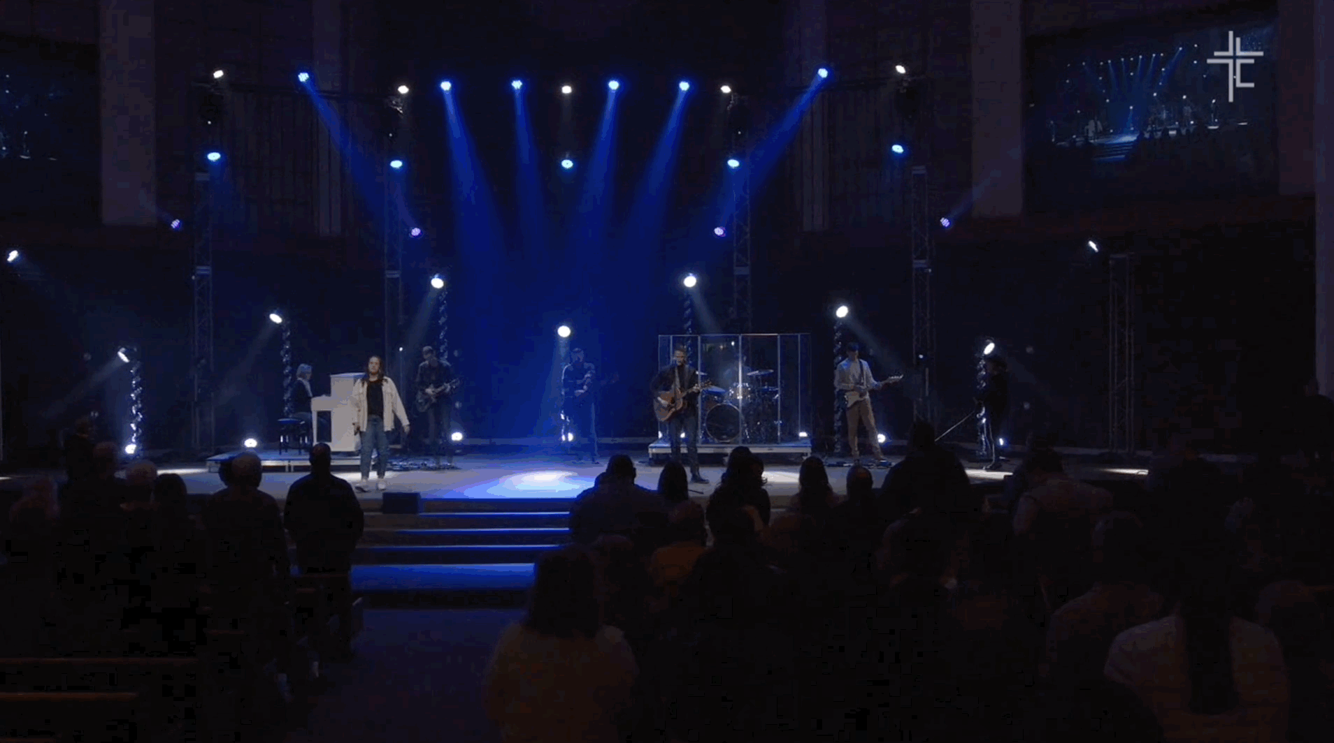 Slow tracking wide shot of worship band playing on church stage