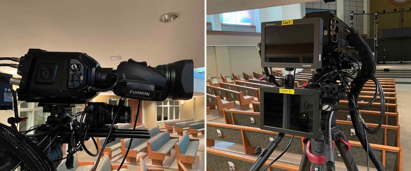 Camera 1 and camera 5 set up in back of church sanctuary