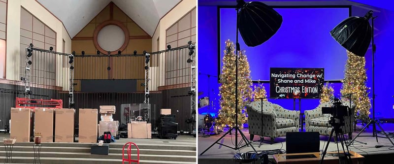 Side-by-side view of Christ Church Fairview's stage being prepped for setup and ready for video interview