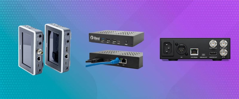 Inputs and outputs of the BoxCast Spark, Resi Mini, and Blackmagic Web Presenter live streaming encoders
