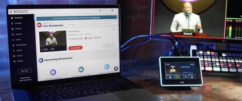 The BoxCast Dashboard and Spark encoder in use during a live stream production
