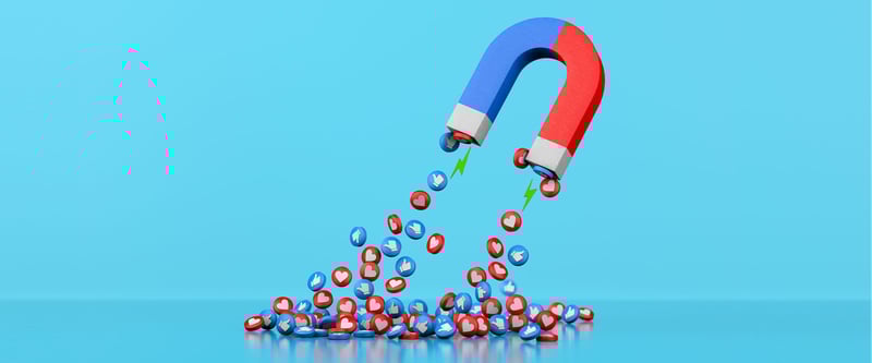 illustration of a digital magnet attracting like and heart icons