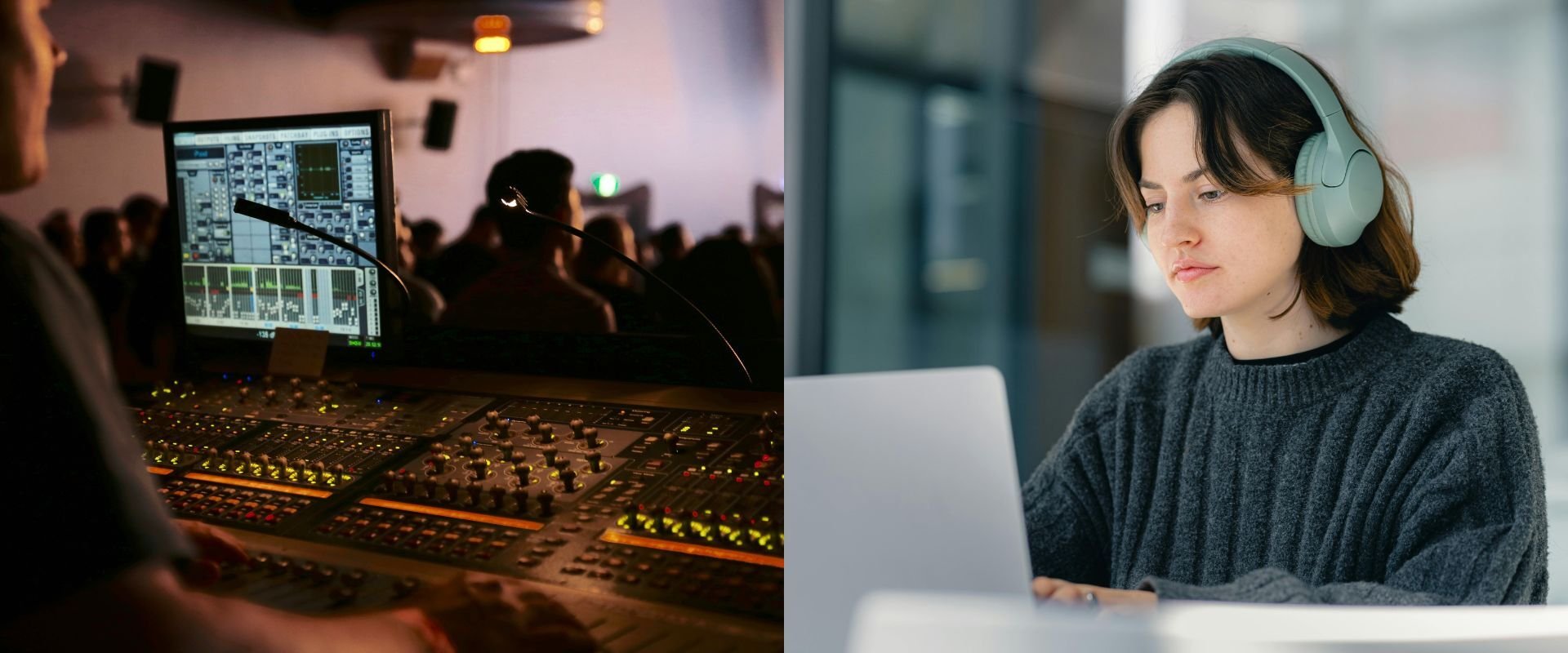 Two scenes side by side depicting one person behind a soundboard in an event space and another person behind a laptop in a home environment