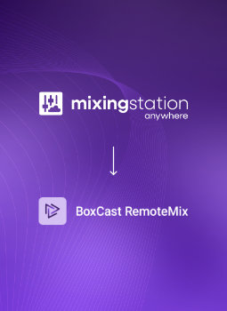 Mixing Station Anywhere logo with an arrow to the BoxCast RemoteMix logo