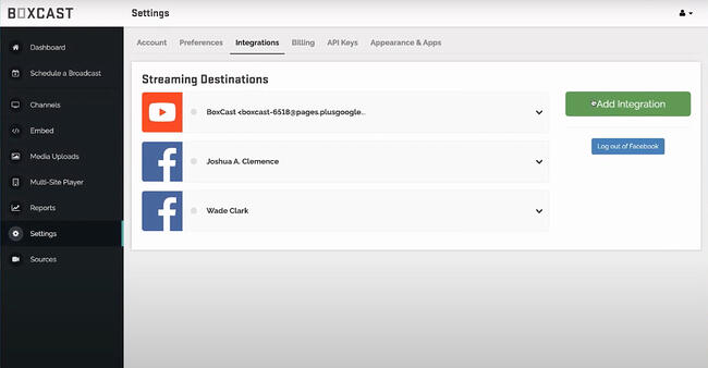 BoxCast Dashboard Integrations page