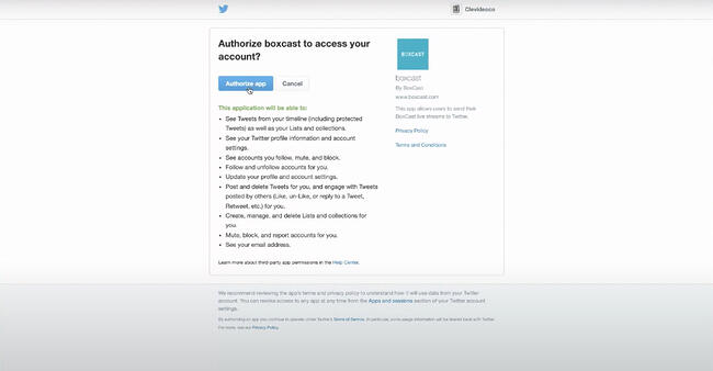BoxCast Dashboard authorize Twitter app window