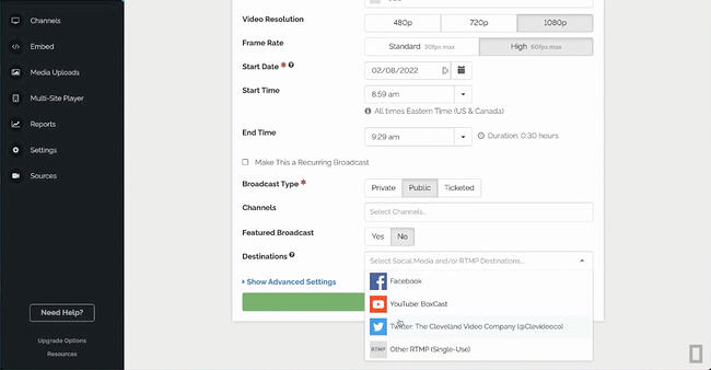 BoxCast Dashboard Destinations page