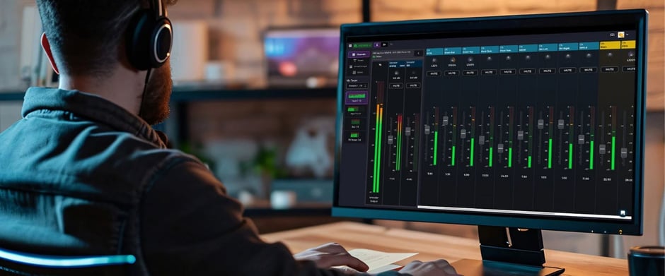 Man sitting at desk with headphones on looking at a computer screen with audio mixing controls